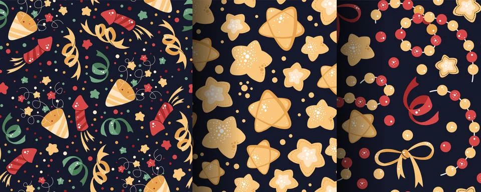 Set of seamless patterns with crackers, streamers, fireworks, stars and bow.. Stock Illustration