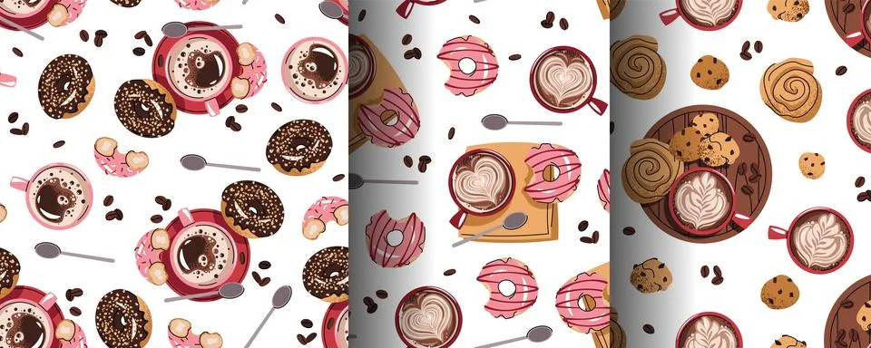 Set of Seamless patterns with a cup of coffee and a donut. Repeating texture  Illustrazione stock