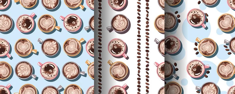 Set of Seamless patterns with a cup of coffee and coffee beans. Repeating tex Stock Illustration