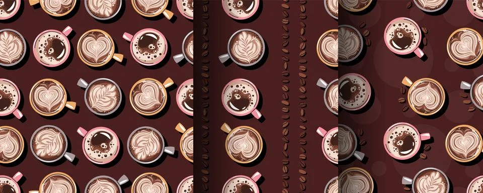 Set of Seamless patterns with a cup of coffee and coffee beans. Repeating tex Stock Illustration