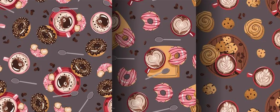 Set of Seamless patterns with a cup of coffee and a donut. Repeating texture  Stock Illustration