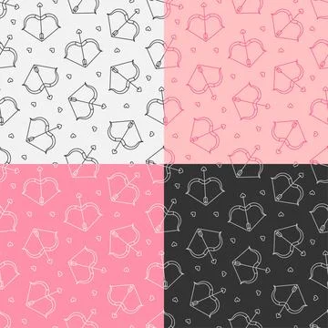Set of seamless patterns with Cupid bow with stretched title and arrow with h Stock Illustration