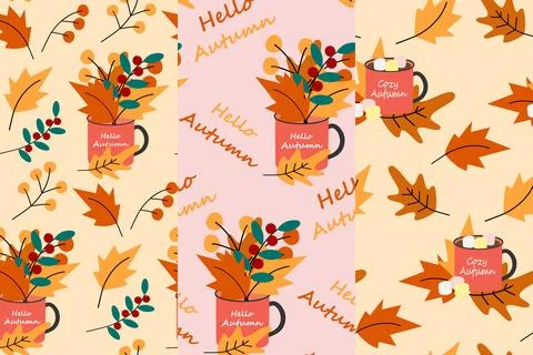 Set of seamless patterns of cups with bouquet of dry leaves, seasonal twigs Illustrazione stock