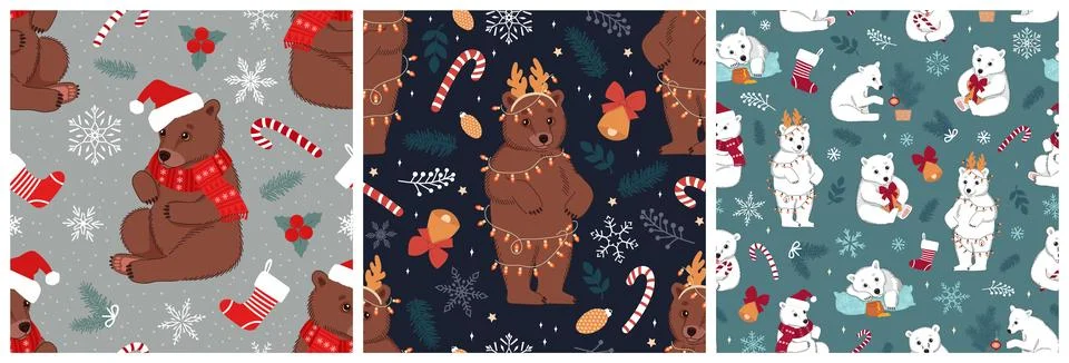 Set of seamless patterns with cute bears and Christmas elements. Winter vecto Stock Illustration