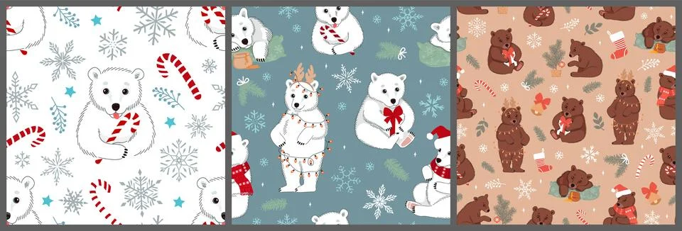 Set of seamless patterns with cute bears and Christmas elements. Winter vecto Stock Illustration