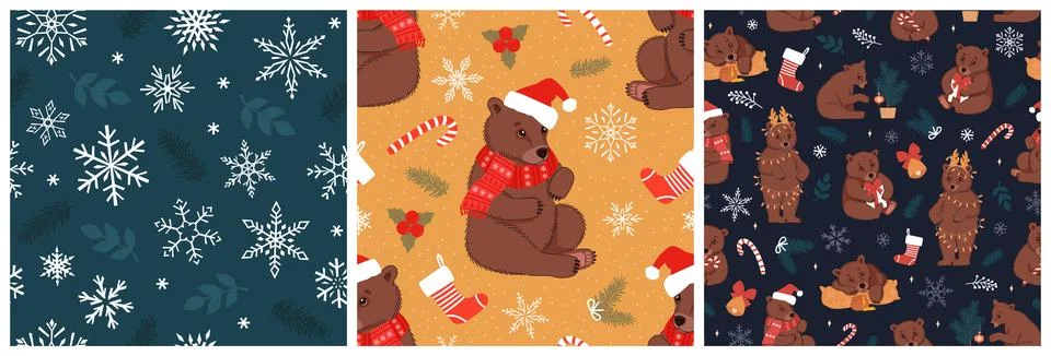 Set of Seamless patterns with cute brown bears and Christmas elements. Winter Illustrazione stock