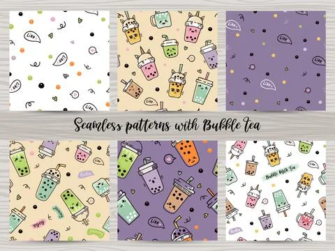 Set of seamless patterns with cute bubble tea or pearl tea. Stock Illustration