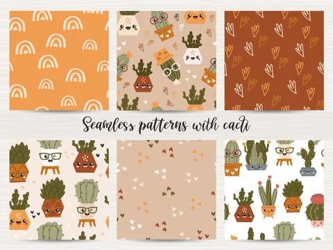 Set of seamless patterns with cute cacti. Stock Illustration
