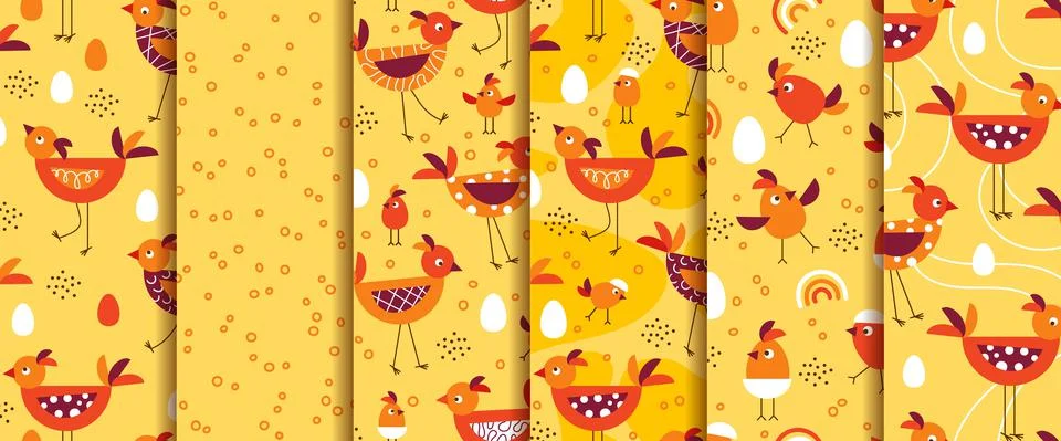 Set of seamless patterns with cute cartoon birds, chicks with rainbow, eggs Illustrazione stock