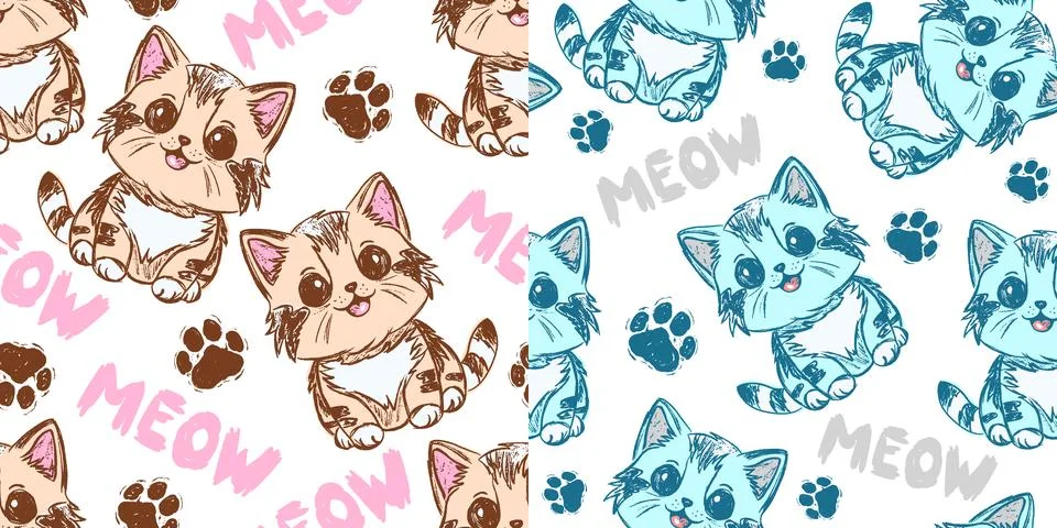 Set of seamless patterns with cute cats for kids girl and boy. Repeat child Stock Illustration