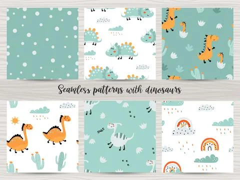 Set of seamless patterns with cute dinosaurs Stock Illustration