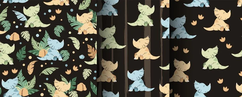 Set of Seamless patterns with cute dinosaurs in flat style. Endless texture w Illustrazione stock