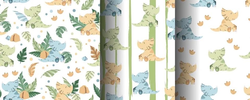 Set of Seamless patterns with cute dinosaurs in flat style. Endless texture w Stock Illustration