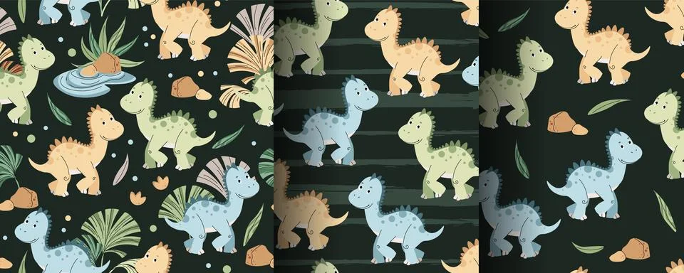 Set of Seamless patterns with cute dinosaurs in flat style. Endless backgro.. Illustrazione stock