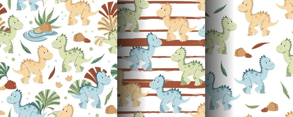 Set of Seamless patterns with cute dinosaurs in flat style. Endless backgro.. Illustrazione stock