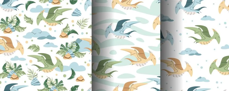 Set of Seamless patterns with cute dinosaurs in flat style. Endless texture.. Stock Illustration