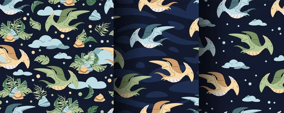 Set of Seamless patterns with cute dinosaurs in flat style. Endless texture.. Illustrazione stock