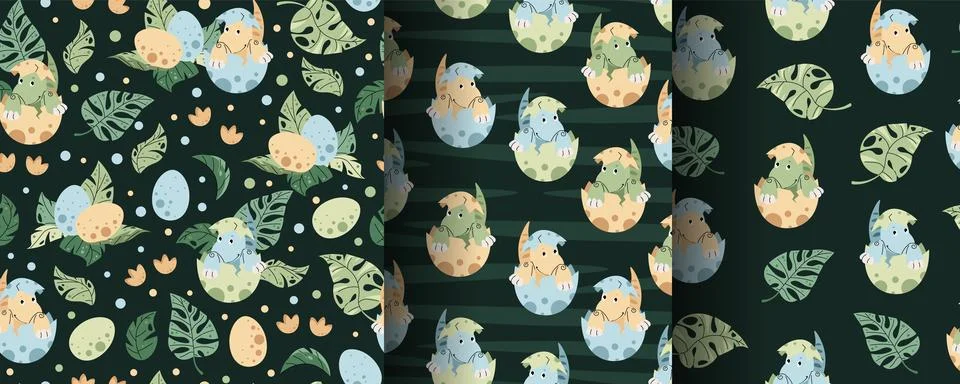 Set of Seamless patterns with cute dinosaurs in an egg in flat style. Endle.. Illustrazione stock
