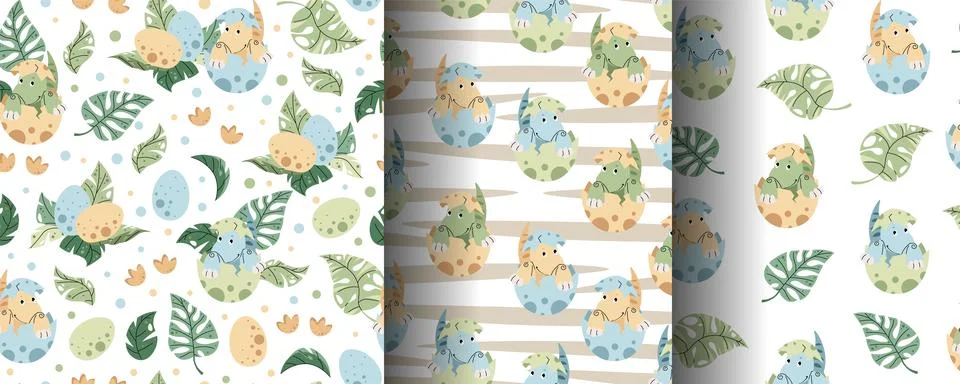 Set of Seamless patterns with cute dinosaurs in an egg in flat style. Endle.. Stock Illustration