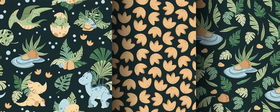 Set of seamless patterns with cute dinosaurs in flat style. Endless texture.. Stock Illustration