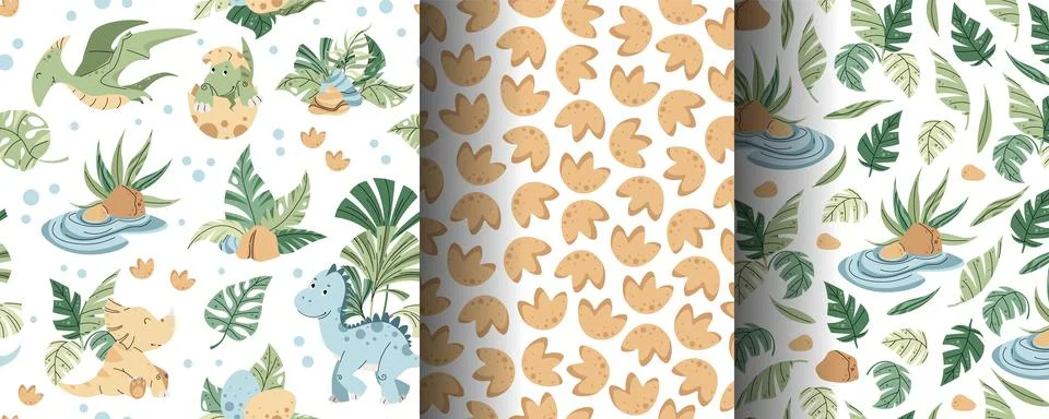 Set of seamless patterns with cute dinosaurs in flat style. Endless texture.. Illustrazione stock