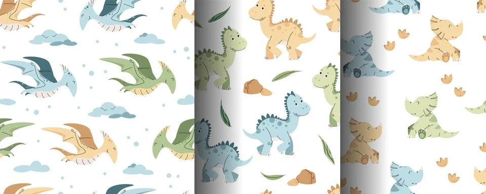Set of Seamless Patterns with cute dinosaurs in flat style. Repeating backg.. Stock Illustration