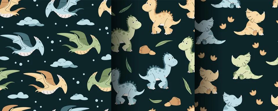 Set of Seamless Patterns with cute dinosaurs in flat style. Repeating backg.. Illustrazione stock