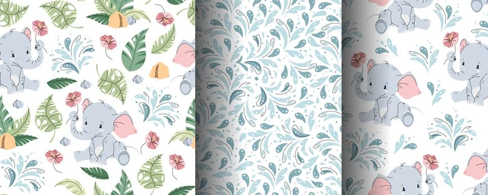 Set of seamless patterns with cute elephants in flat style. Repeating backgro Illustrazione stock