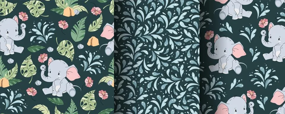 Set of seamless patterns with cute elephants and water splashes in flat sty.. 스톡 일러스트