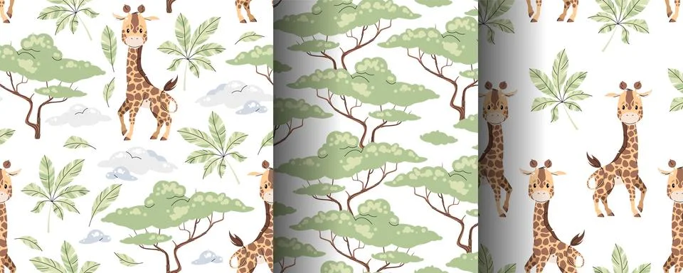 Set of seamless patterns with cute giraffes in flat style. Repeating backgrou Illustrazione stock