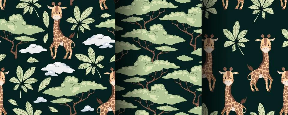 Set of seamless patterns with cute giraffes in flat style. Repeating backgrou Stock Illustration