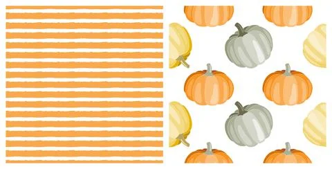 Set of seamless patterns with cute hand drawn Autumn pumpkins and orange stripes Ilustración de archivo