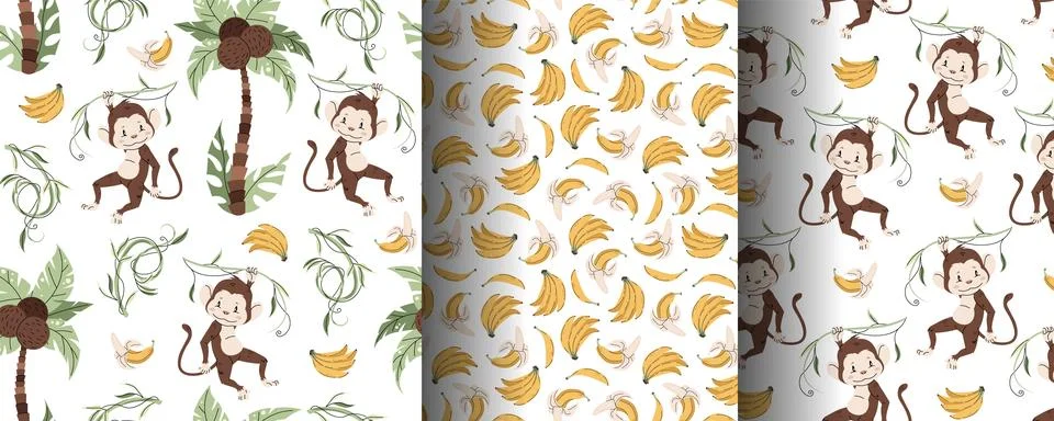 Set of seamless patterns with cute monkeys in flat style. Repeating backgro.. Stockillustratie