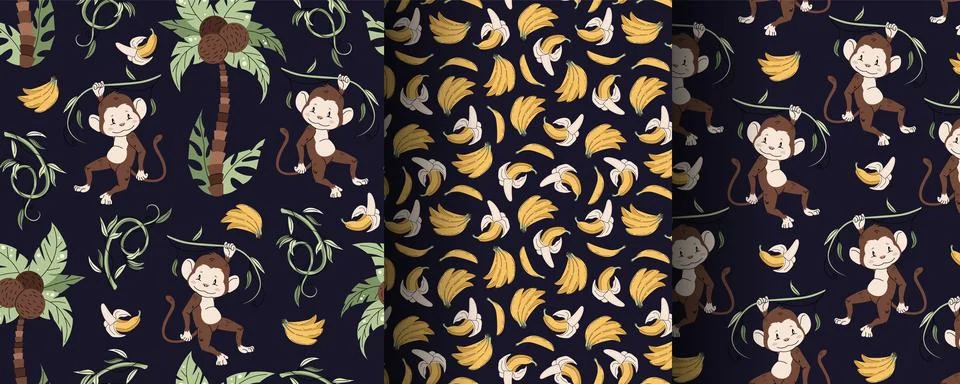 Set of seamless patterns with cute monkeys in flat style. Repeating backgro.. Stock Illustration