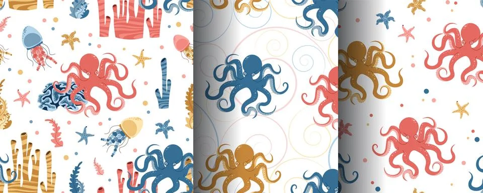 Set of seamless patterns with cute octopus, starfish, jellyfish and algae. .. Stock Illustration
