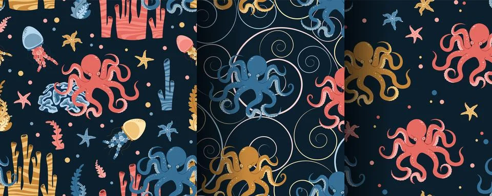 Set of seamless patterns with cute octopus, starfish, jellyfish and algae. .. Stock Illustration