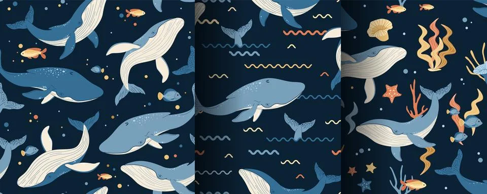 Set of Seamless patterns with cute whales and seaweed. Vector marine childr.. Stockillustratie