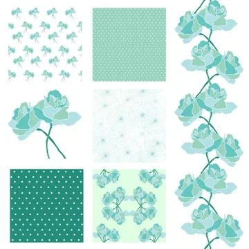 Set of seamless patterns with decorative soft blue roses, design elements 库存插图