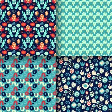 Set of seamless patterns with dinosaur eggs, footprints, abstract textures with Stock Illustration
