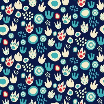 Set of seamless patterns with dinosaur eggs, footprints, abstract textures with Stock Illustration