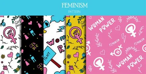 Set of seamless patterns doodle signs of feminism, women s rights. Grunge hand Stock Illustration