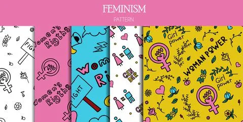 Set of seamless patterns doodle signs of feminism, women s rights. Grunge hand Stock Illustration