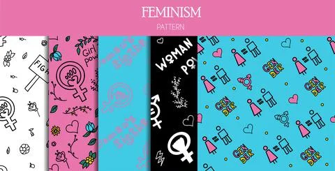 Set of seamless patterns doodle signs of feminism, women s rights. Grunge hand Stock Illustration