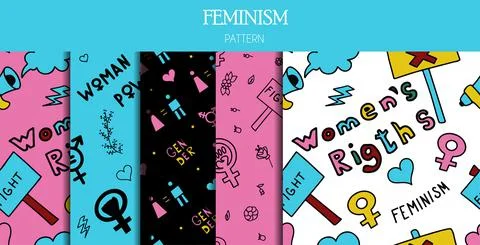 Set of seamless patterns doodle signs of feminism, women s rights. Grunge hand Stock Illustration