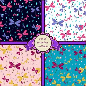 Set of seamless patterns with dragonfly Stock Illustration
