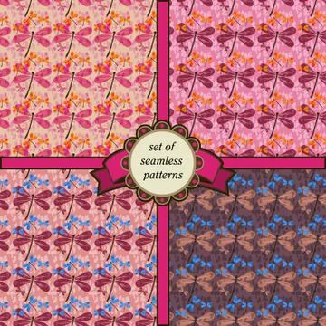 Set of seamless patterns with dragonfly Stock Illustration