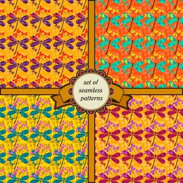 Set of seamless patterns with dragonfly Stock Illustration