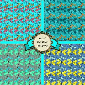 Set of seamless patterns with dragonfly Stock Illustration
