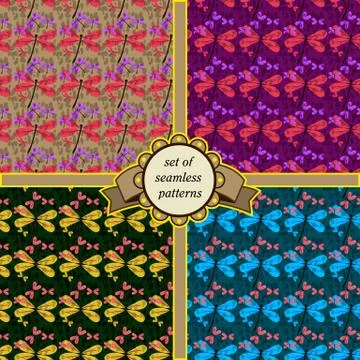 Set of seamless patterns with dragonfly Stock Illustration