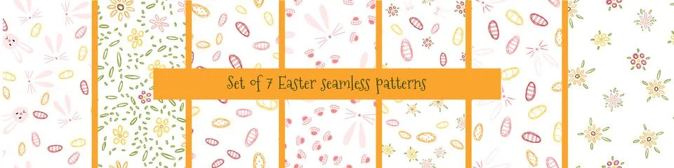 Set of seamless patterns with Easter egg, bunny, flowers in hand drawn cartoon Illustrazione stock